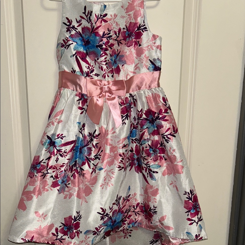 Girls' White Floral Satin Party Dress with Pink Bow